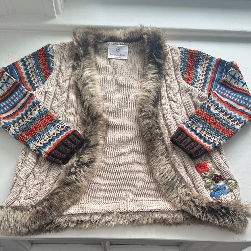 Hanna Andersson Multicolor Knit Sweater with Faux Fur Trim